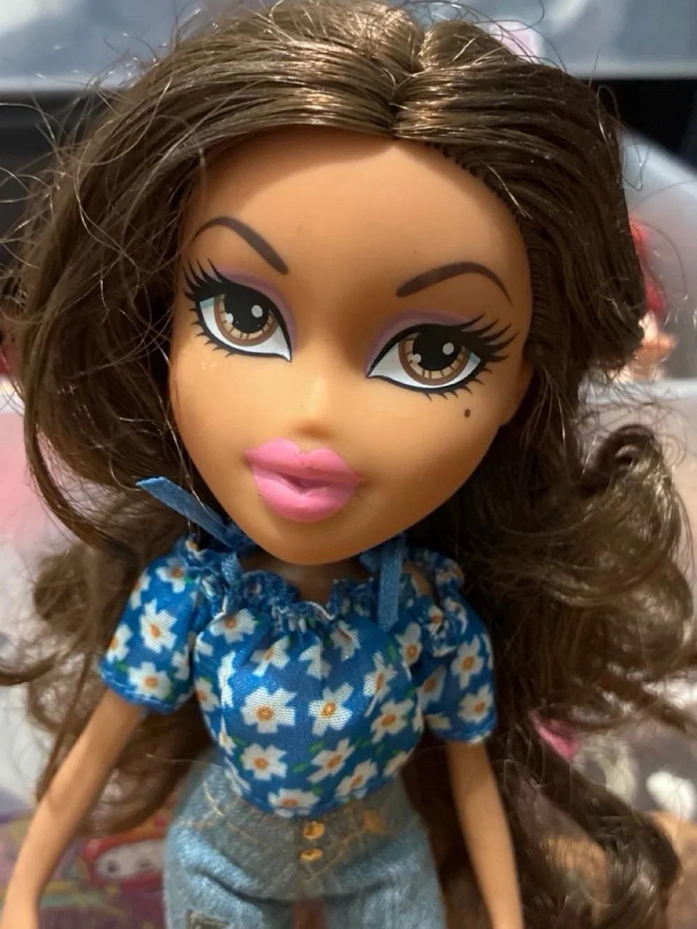Brunette Fashion Doll with Blue Floral Top and Yellow Sneakers